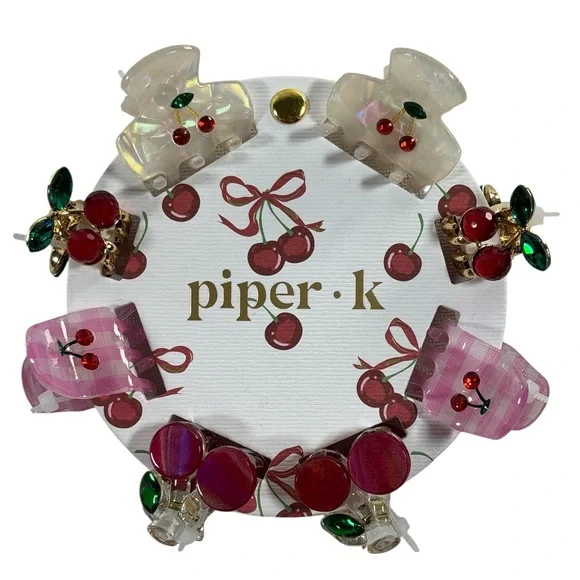 Piper K Cherry Rhinestone Mini Hair Clip Set - Cream, Red and Pink - Picture 1 of 4